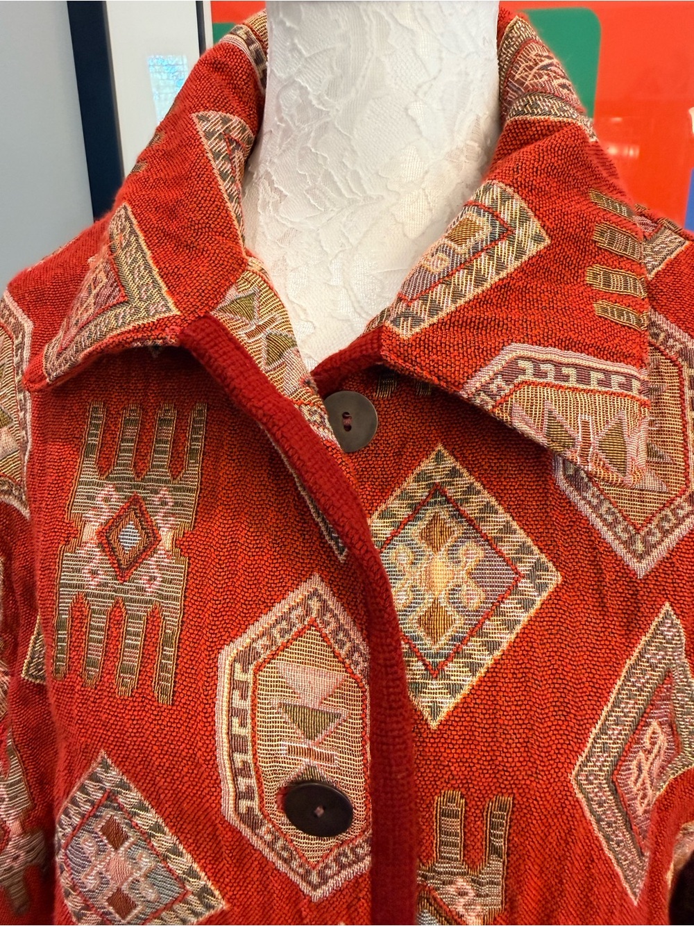 VTG The Limited Collection Tapestry Jacket Aztec Southwestern Red Boho Coat L - Picture 4 of 13